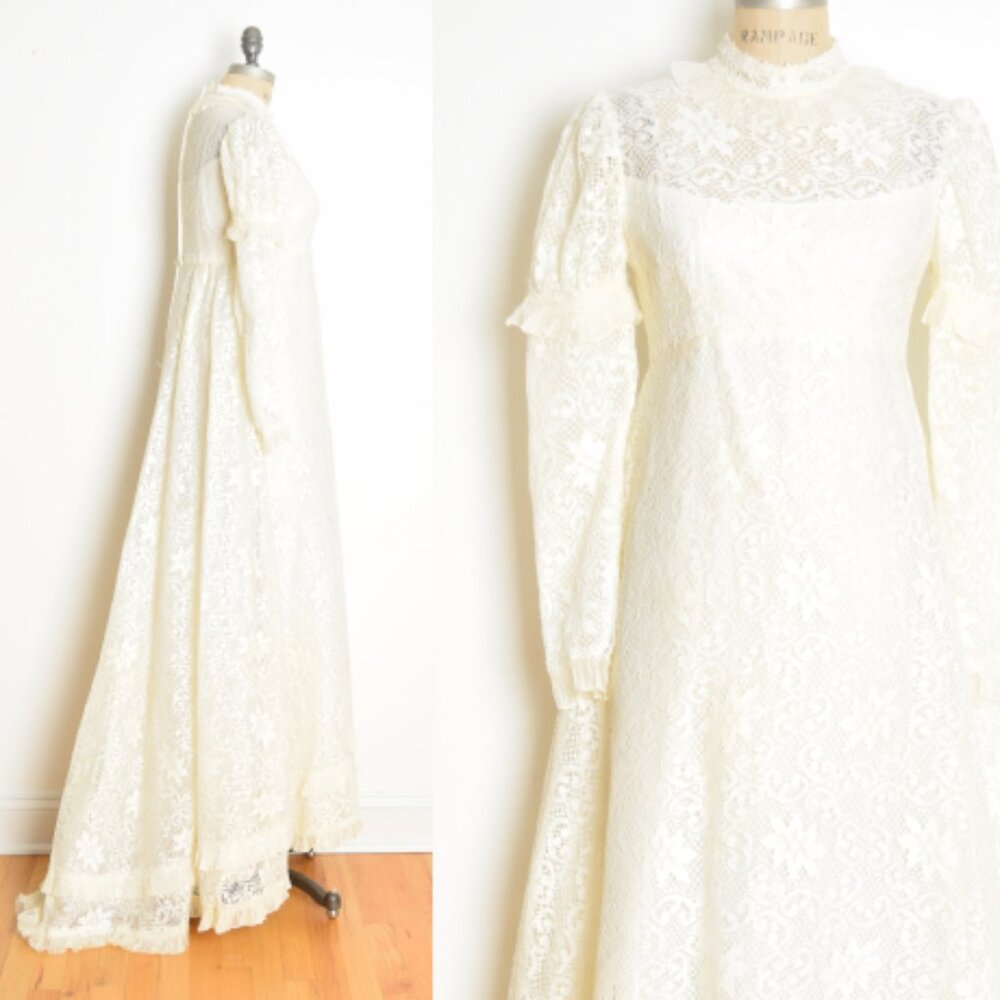 vintage 60s wedding dress cream crochet lace regency juliet gown puff sleeve S